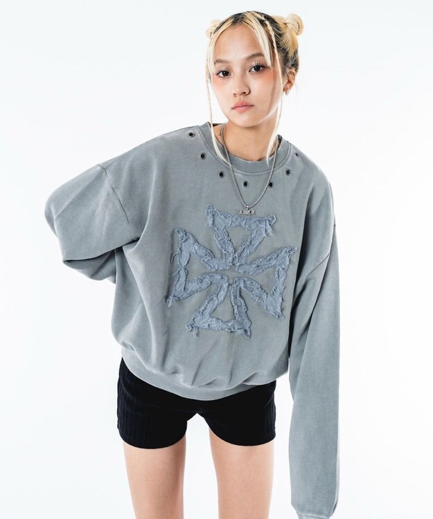 WEGO 【ユニセックス着用ITEM】ブリーチハトメロゴプルオーバー グレー