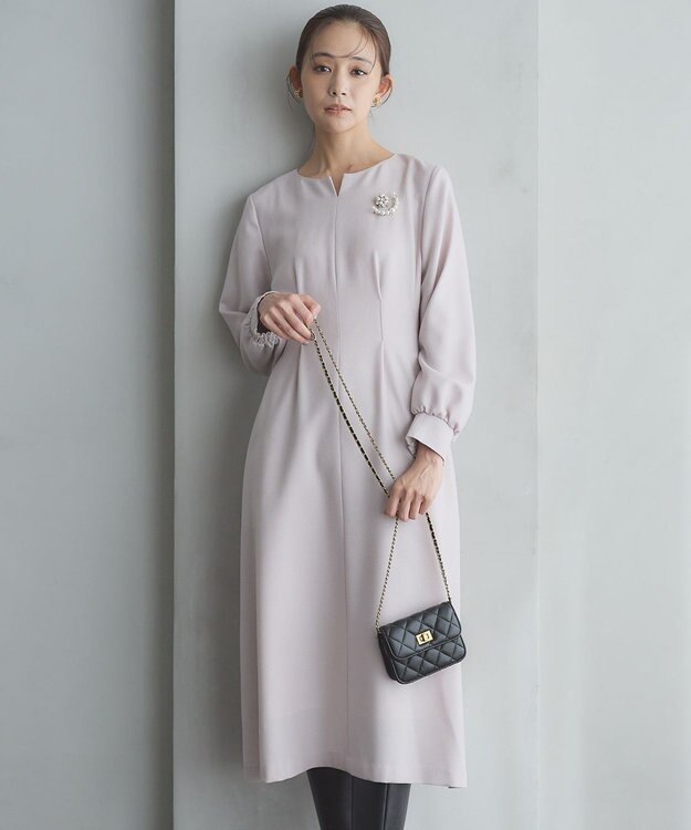 組曲 ウールジョーゼット スリットネックワンピース ローズ系