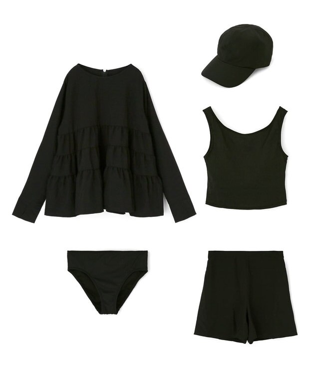 San-ai Resort（三愛水着楽園） 【WEB限定】5点セット キャップ付きUVカットタンキニ+ティアードラッシュセット水着【BeachQueen(ビーチクイーン）】 ブラック
