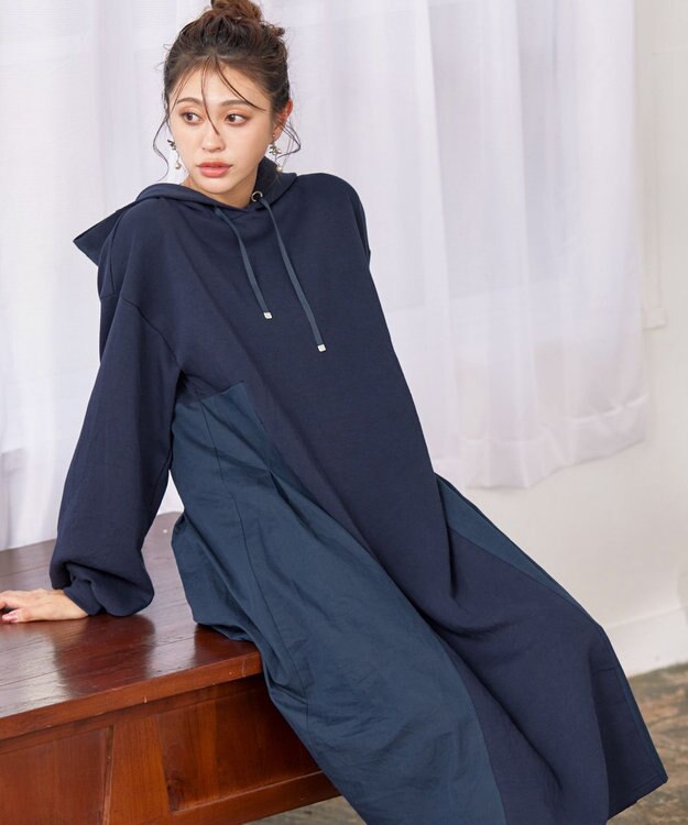 Tiaclasse 【洗える】ダンボール切替パーカーワンピース ネイビー