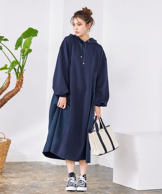 Tiaclasse 【洗える】ダンボール切替パーカーワンピース ネイビー