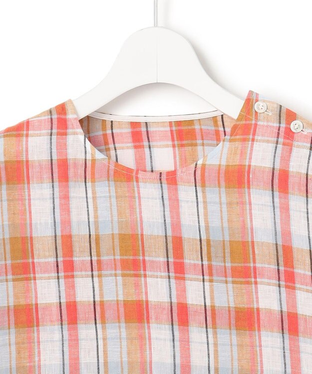 23区 【先行予約】LIBECOリネン チェック ボリュームスリーブ ブラウス オレンジチェック