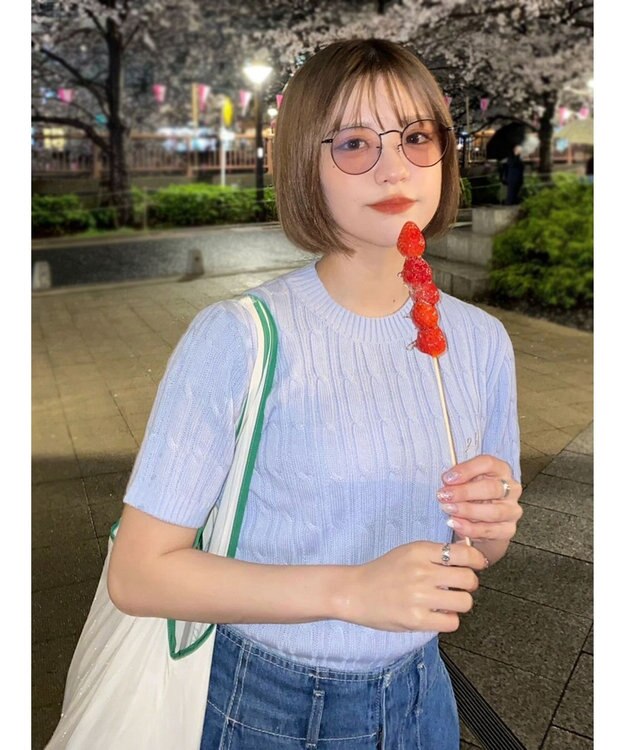 Green Parks ケーブル半袖ニット Sax