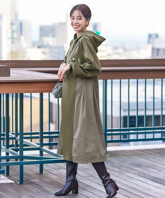 Tiaclasse 【洗える】ダンボール切替パーカーワンピース カーキ