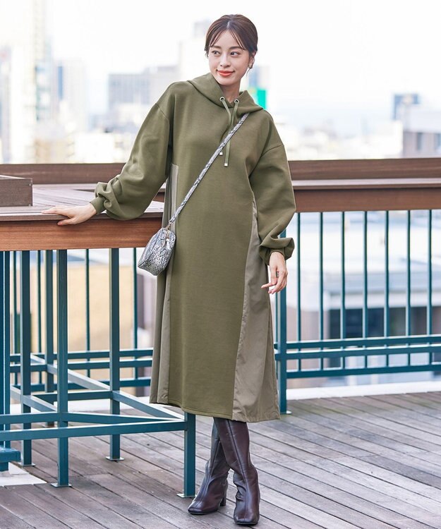 Tiaclasse 【洗える】ダンボール切替パーカーワンピース カーキ