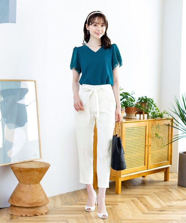 Tiaclasse L 【洗える】美脚効果も叶うリボン付きテーパードパンツ オフホワイト