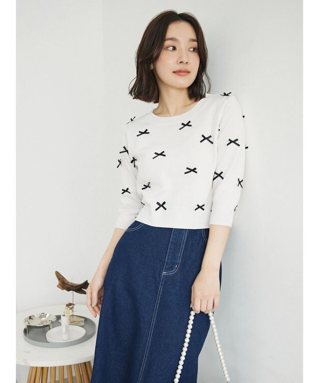 Green Parks ・ＡＮＤ　ＳＥＡＲＣＨ　メニーリボン５分袖ニット Off White