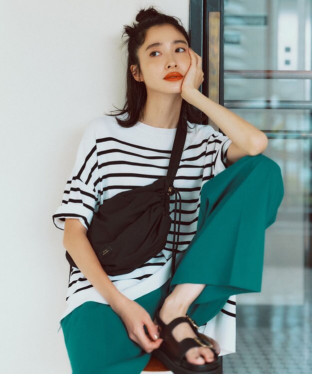 自由区 L 【接触冷感・UVカット・WEB限定カラーあり】クレープストレッチプルオーバー ニット [WEB限定]オフ×ブラックボーダー