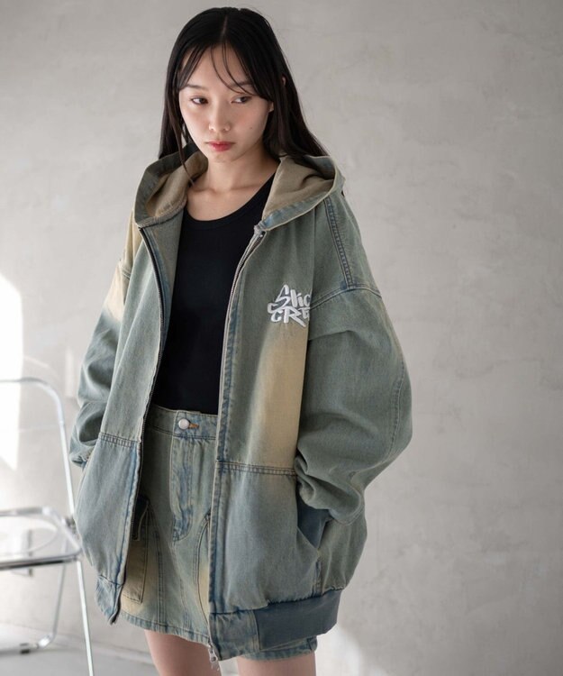 WEGO ヴィンテージウォッシュBIGフードブルゾン デニム淡加工色