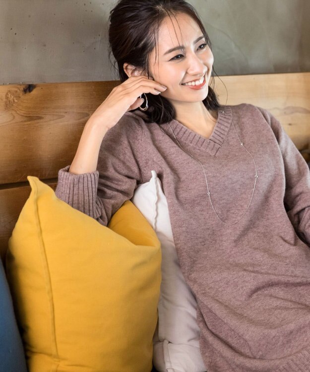 Tiaclasse L 【洗える】幅広く活躍が期待できるVネックリブニットチュニック ピンクモカ