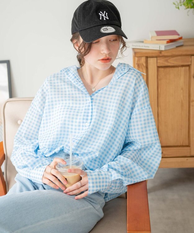 WEGO ボリュームスリーブシアーシャツ ブルーチェック1