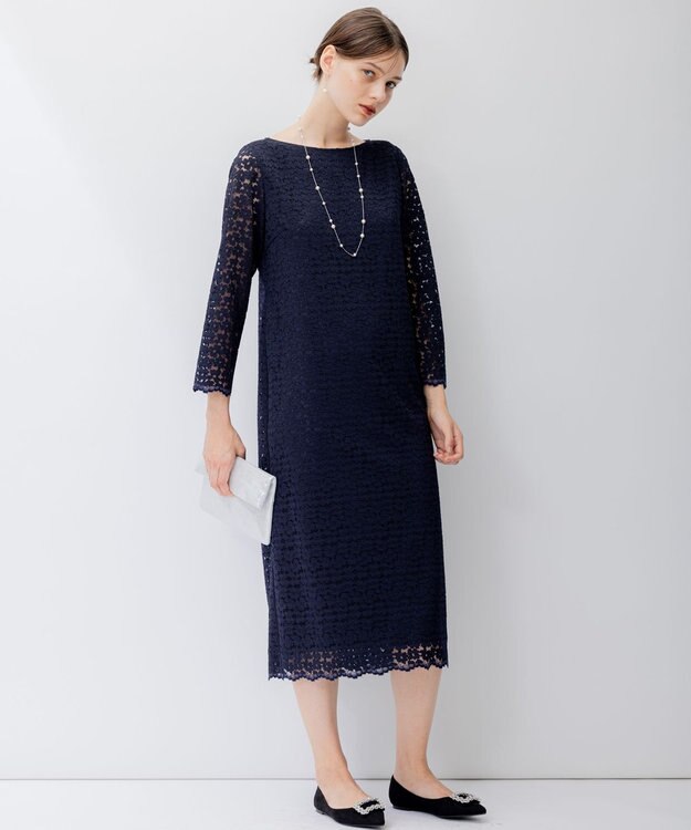 23区 【APPLAUDIR】オプティカルフラワーレース ドレス ネイビー系