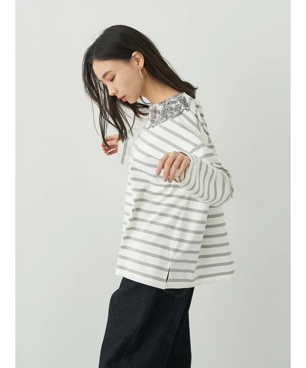 earth music&ecology レースプリントボーダープルオーバー Border Gray