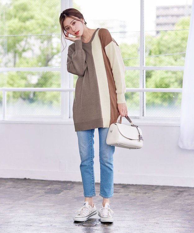 Tiaclasse 【洗える】配色ニットチュニック グレージュ