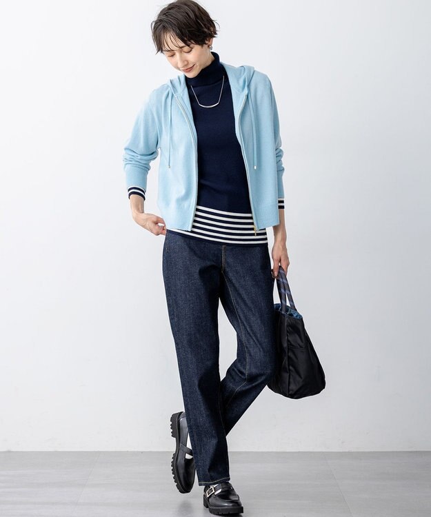 23区 L 【見上愛さん着用/洗える】ピュアカシミヤ ジップアップ ニット パーカー スカイブルー系