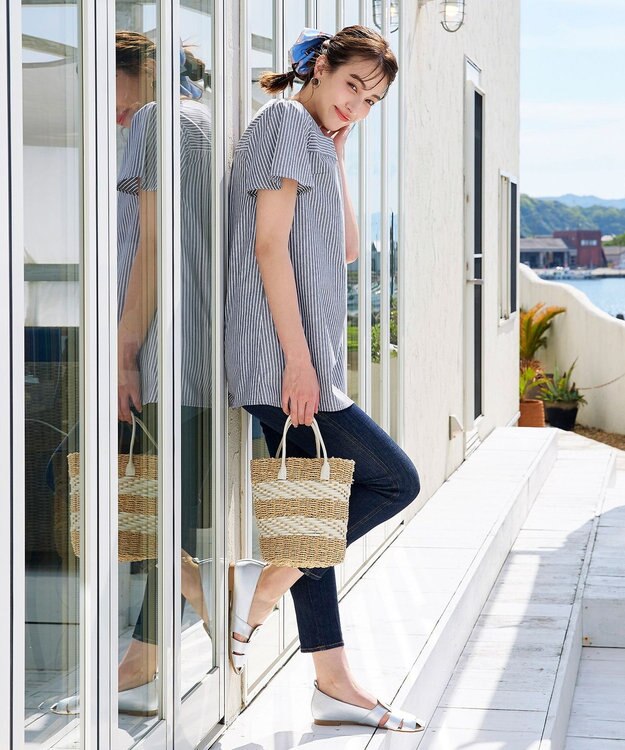 Tiaclasse 【洗える】ストライプフレアスリーブチュニックブラウス グレー