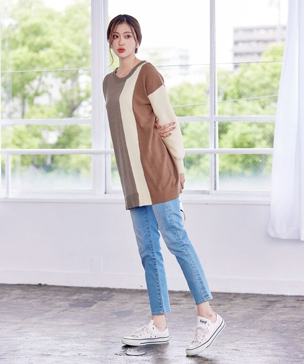 Tiaclasse 【洗える】配色ニットチュニック グレージュ