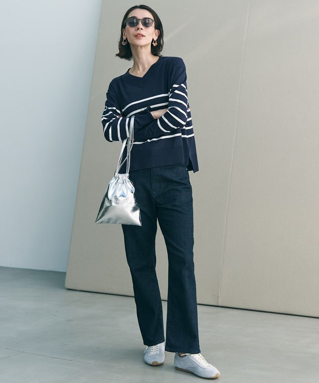 UNFILO マイビューティニット Vネック ネイビーボーダー