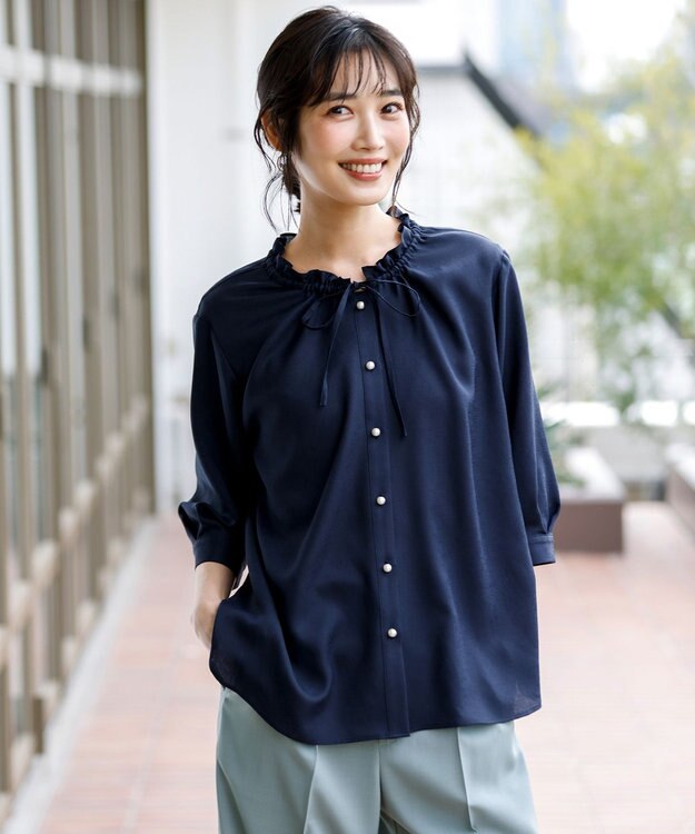 ANY SIS 【2WAY】スムージーポリエステル フリルネック ブラウス ネイビー