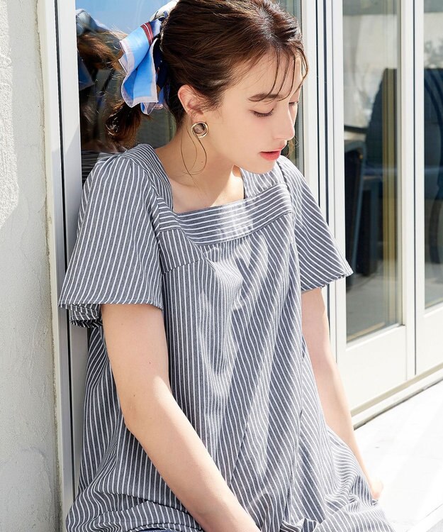 Tiaclasse 【洗える】ストライプフレアスリーブチュニックブラウス グレー