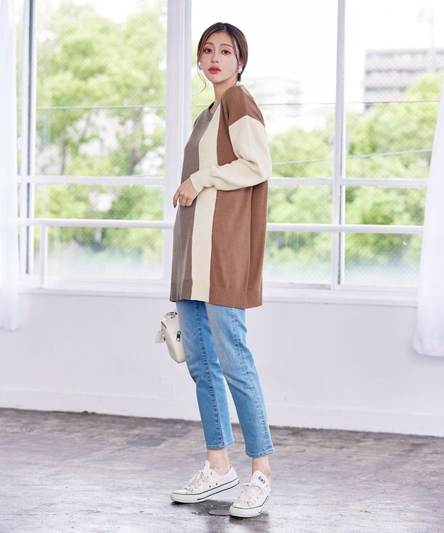 Tiaclasse 【洗える】配色ニットチュニック グレージュ