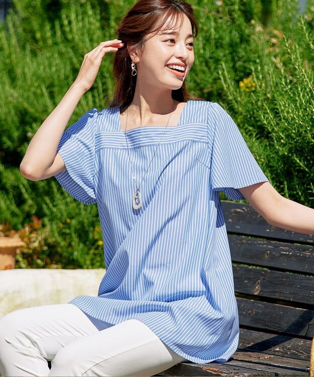 Tiaclasse 【洗える】ストライプフレアスリーブチュニックブラウス ブルー