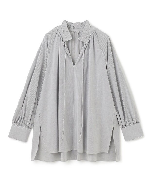 UNFILO ギャザーオーバーブラウス モノトーンストライプ