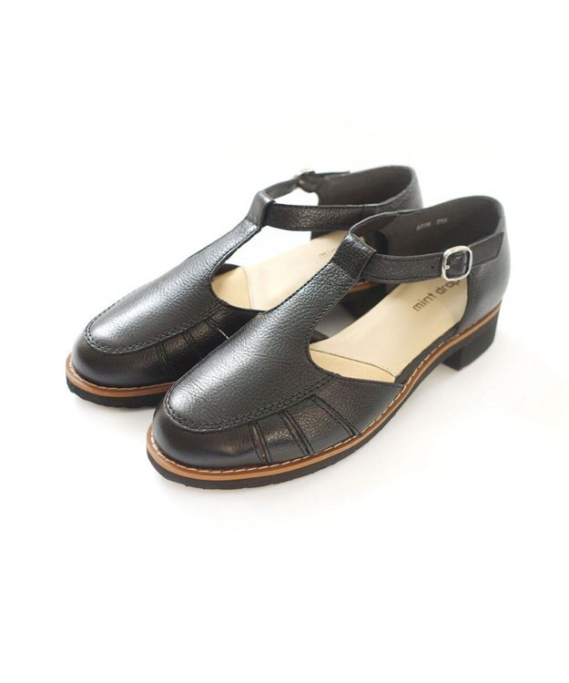 Pointer 本革 通気性Tストラップパンプス ブラック