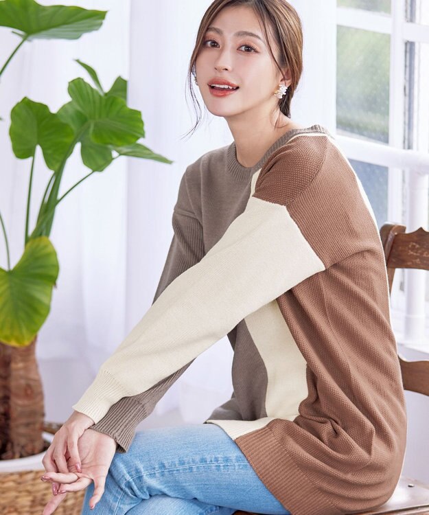 Tiaclasse 【洗える】配色ニットチュニック グレージュ