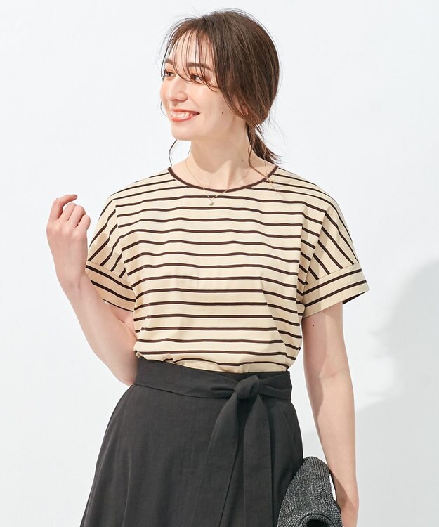 自由区 【洗える/UVケア】ボーダー タックデザインカットソー