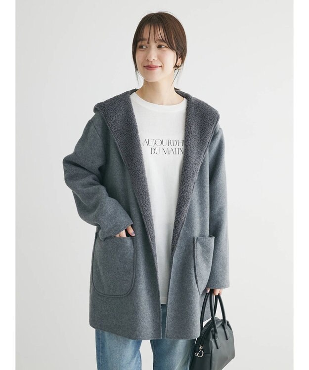 Green Parks ２ｗａｙフード裏ボアミディ丈コーディガン Gray Mixture