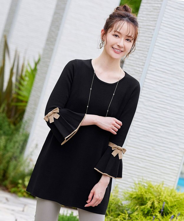 Tiaclasse L 【洗える】ミラノリブ編みのフレア袖ニットチュニック ブラックベージュ