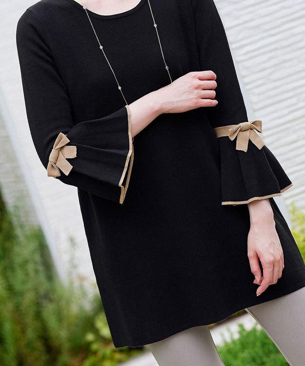 Tiaclasse L 【洗える】ミラノリブ編みのフレア袖ニットチュニック ブラックベージュ