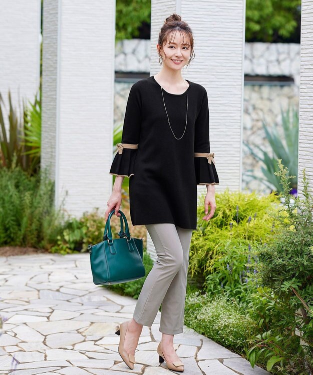 Tiaclasse L 【洗える】ミラノリブ編みのフレア袖ニットチュニック ブラックベージュ