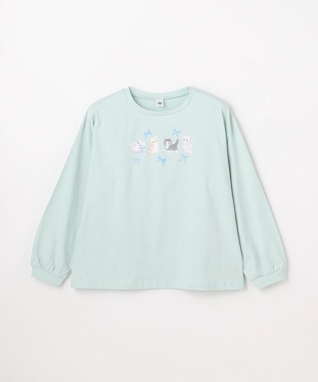 ANY KIDS 【綿100%】ネコアソート 長袖Tシャツ ミント