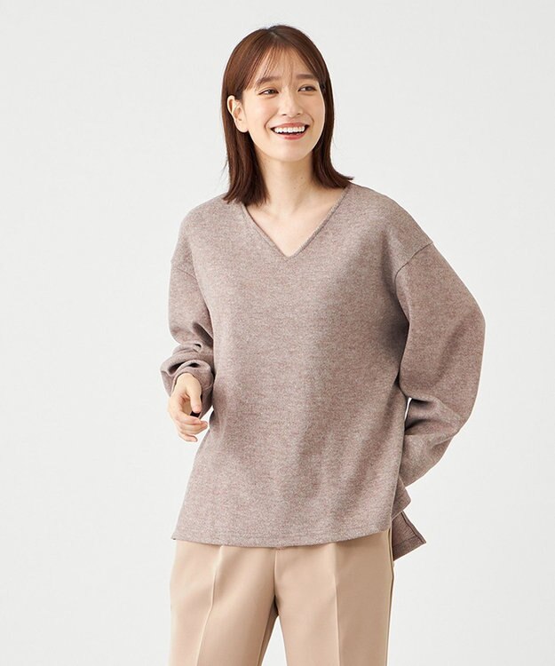 SHARE PARK LADIES サイドスリットVネックニット モカ