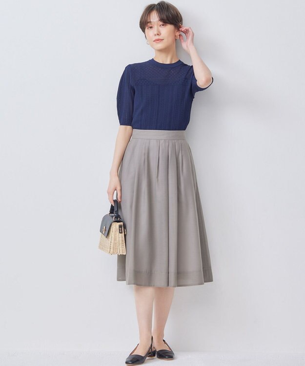 組曲 L 【WEB限定】編地切り替え 半袖ニット ネイビー系