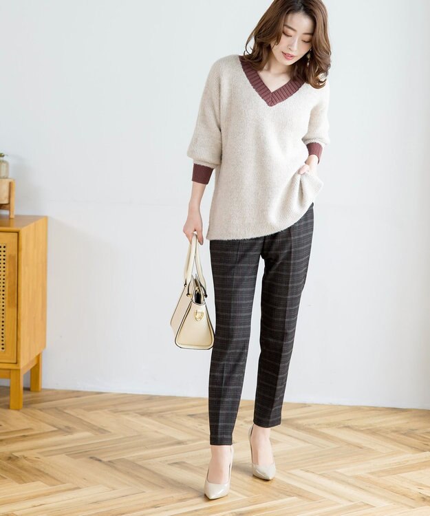 Tiaclasse L 【安田美沙子さん着用・洗える】T/R両面起毛ストレッチパンツ ブラウンチェック