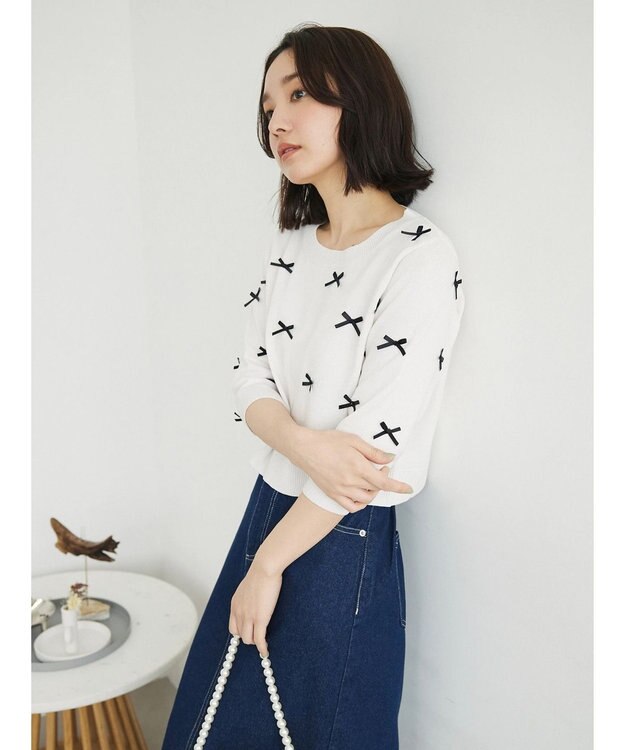 Green Parks ・ＡＮＤ　ＳＥＡＲＣＨ　メニーリボン５分袖ニット Off White