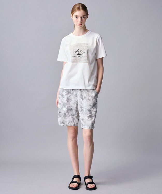 JOSEPH ABBOUD MOUNTAIN 【ゆったり】プレーティング天竺 リーフプリントアウトドア Tシャツ ホワイト系