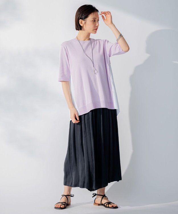 自由区 【洗える】ハイツイストコットンアセテート バックデザイン プルオーバーニット ライラック系