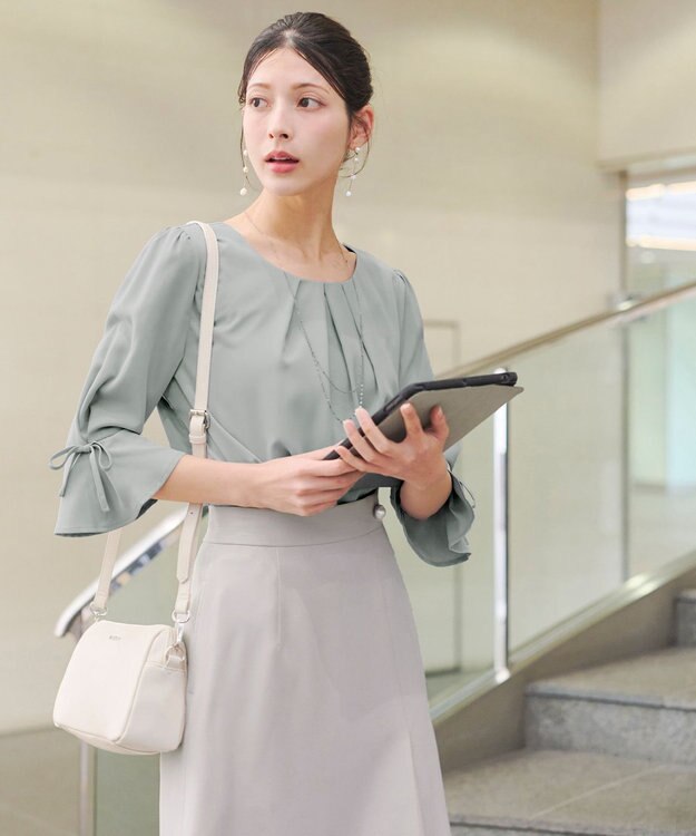 Tiaclasse 【洗える】リボン付きタックフレア袖ブラウス ミント