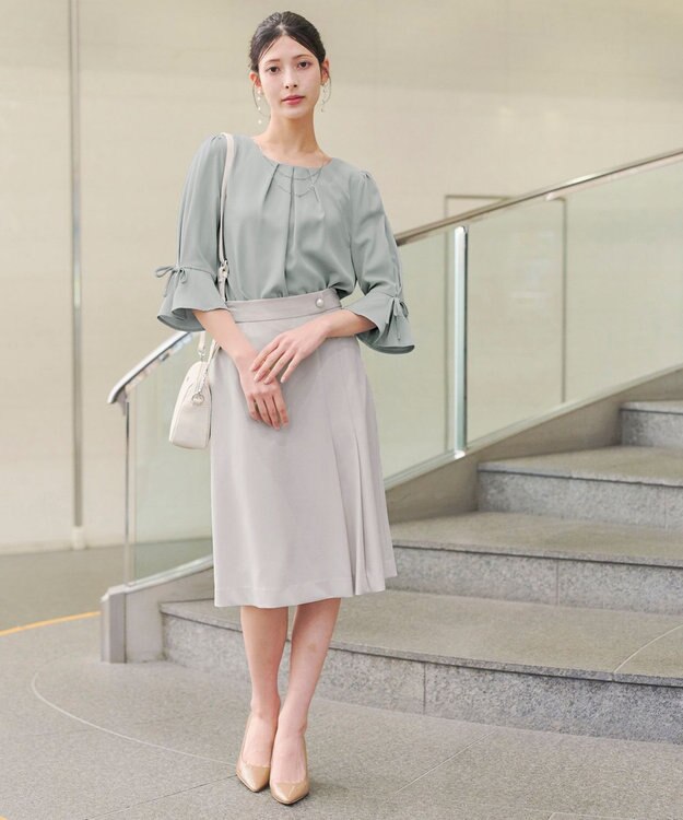 Tiaclasse 【洗える】リボン付きタックフレア袖ブラウス ミント