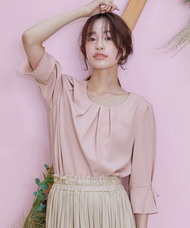 Tiaclasse 【洗える】リボン付きタックフレア袖ブラウス ピンク