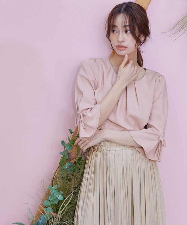 Tiaclasse 【洗える】リボン付きタックフレア袖ブラウス ピンク