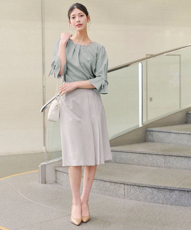 Tiaclasse 【洗える】リボン付きタックフレア袖ブラウス ミント