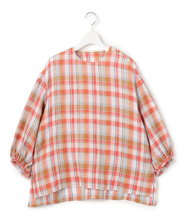 23区 【先行予約】LIBECOリネン チェック ボリュームスリーブ ブラウス オレンジチェック