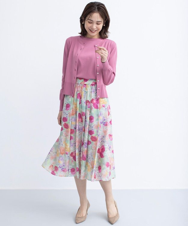 組曲 ピオニーシフォンプリント フレアスカート ピンク系5