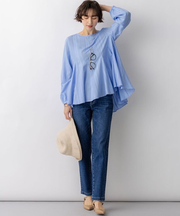 23区 【先行予約】ドビーストライプ クルーネック フレアブラウス スカイブルー系