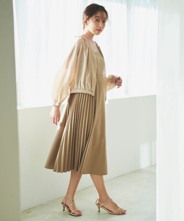 Feroux 【洗える】プリーツコンビ ジャンパースカート ベージュ系